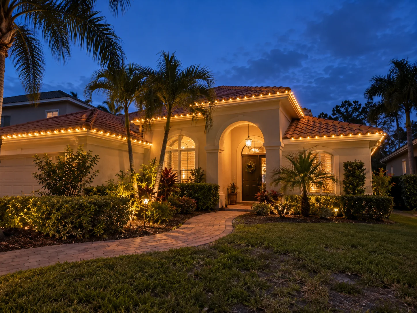 Illustrative warm roofline and palm lighting at a Florida residence