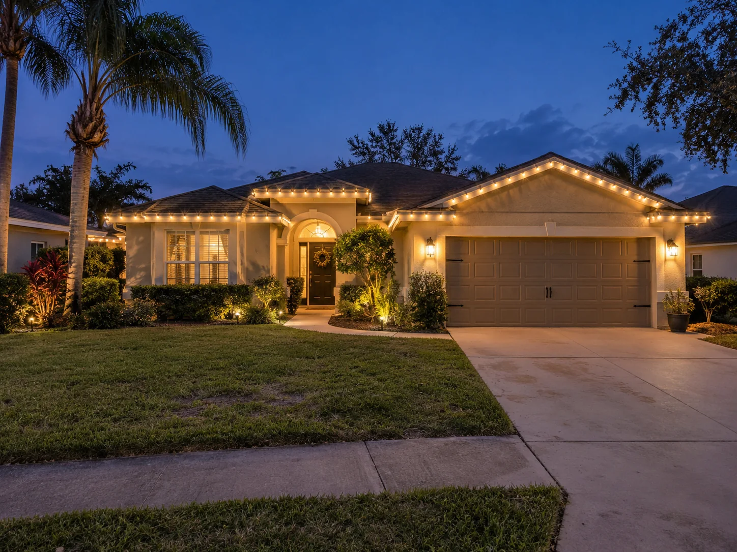Illustrative holiday lights creating a welcoming residential entry