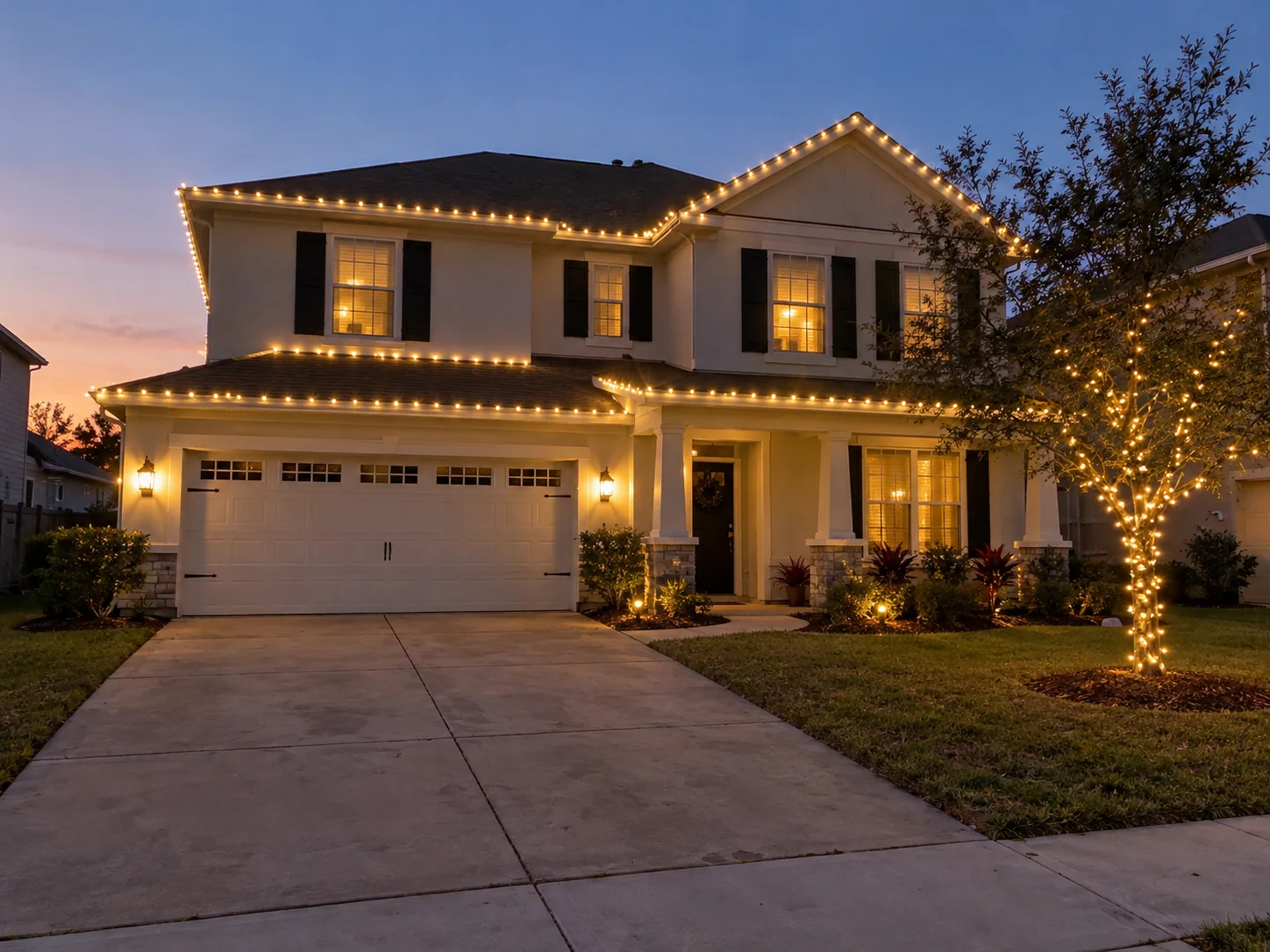 Illustrative two-story home with seasonal Christmas lights