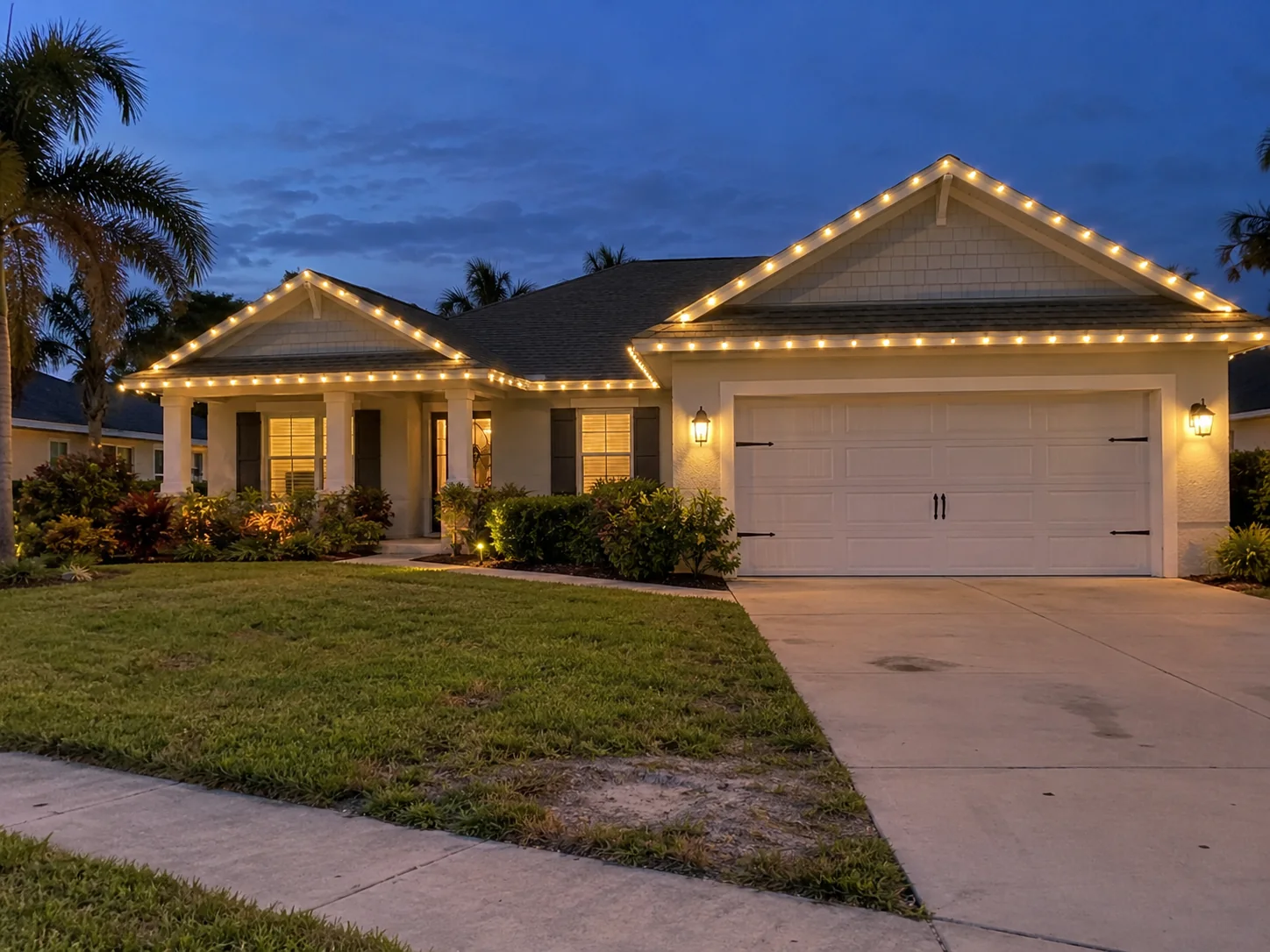 Illustrative warm white Christmas lights tracing a home roofline